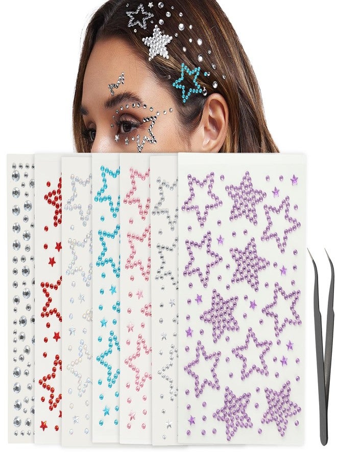 PKRFCJ 7 Pack Self-Adhesive Star Face Rhinestone Gem Stickers and 1 Black Tweezers - Suitable for Face, Eyes, Makeup, Body, Hair, Stick Gems, Y2K Star Stickers for Kids, Women - Image 1